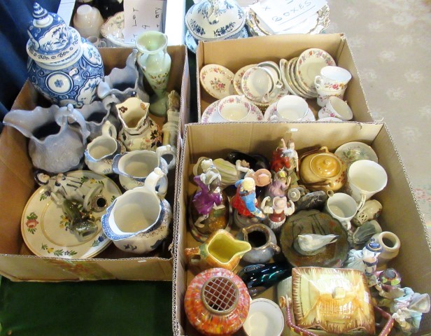 Two boxes of miscellaneous china, to include: tea services, Continental figurines, cottageware,