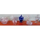A large Bristol blue glass lidded sweet jar, together with six other items of clear glassware.
