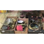 Two boxes of miscellaneous brass and metalware, to include: trivet, candlesticks, shop scales,