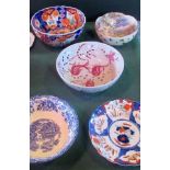 Five miscellaneous bowls, to include: Imari, Satsuma, Italian fish bowl and other associated items.