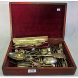 Five silver spoons, together with a quantity of silver plated flatware in a mahogany canteen box.