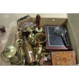 A quantity of miscellaneous brass and metalware, to include: miners lamp, copper water bottle,