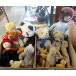 Two boxes of various cuddly toys and teddy bears.