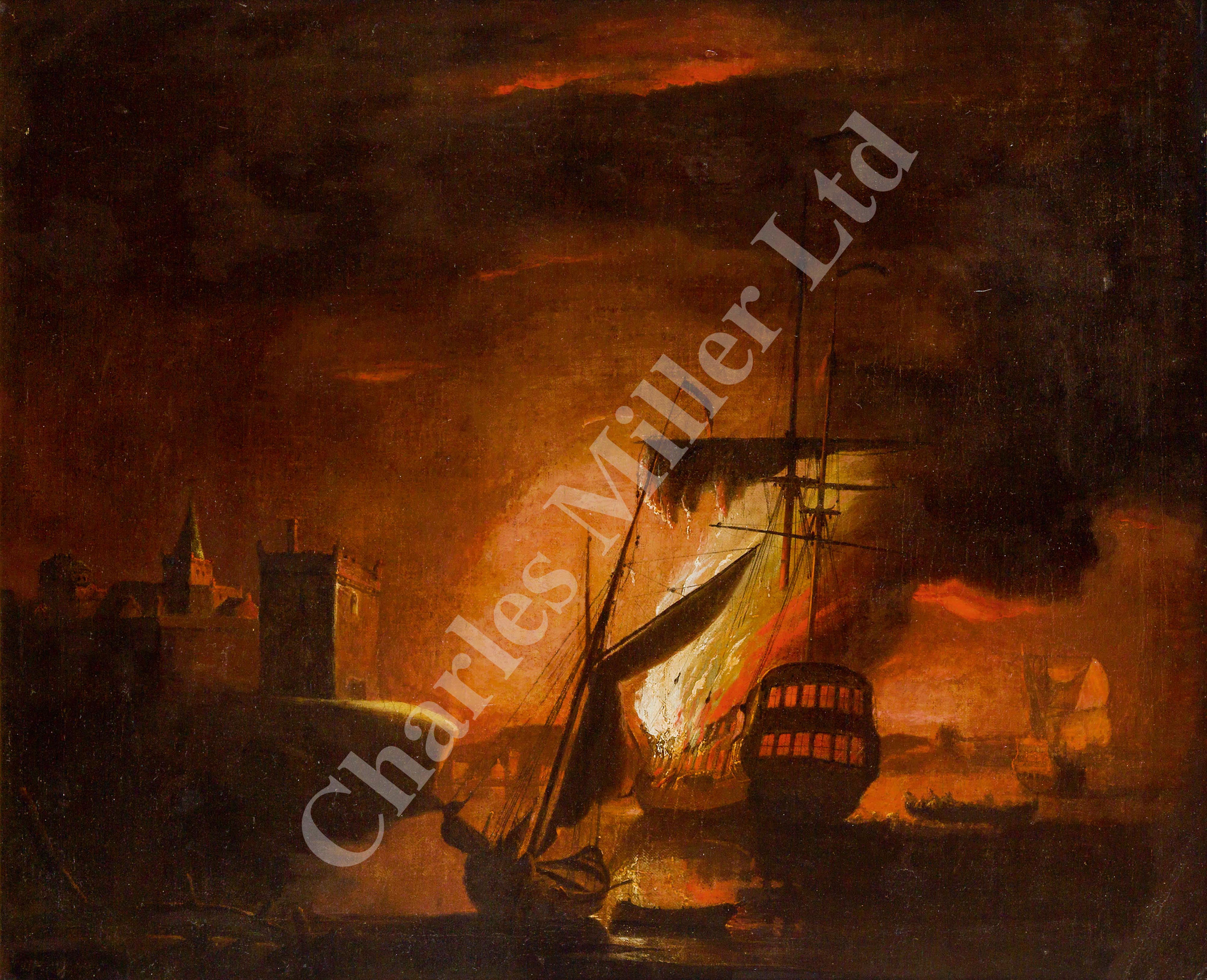 PETER MONAMY (BRITISH, 1681-1749) - A ship on fire at night