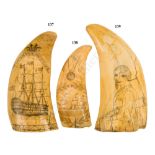 Ø A 19TH CENTURY SCRIMSHAW DECORATED WHALE'S TOOTH COMMEMORATING ADMIRAL NELSON AND H.M.S. VICTORY