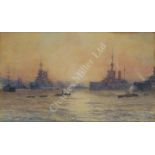 ARR GUY STANDING (BRITISH, 20TH CENTURY) - Battlecruisers at dusk