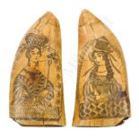 Ø AN UNUSUAL PAIR OF SAILORWORK SCRIMSHAW DECORATED TEETH, CIRCA 1840