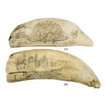 Ø A LARGE 19TH CENTURY SCRIMSHAW DECORATED WHALE'S TOOTH