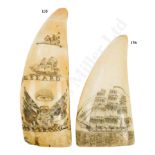 Ø A 19TH CENTURY SAILORWORK SCRIMSHAW DECORATED WHALE'S TOOTH