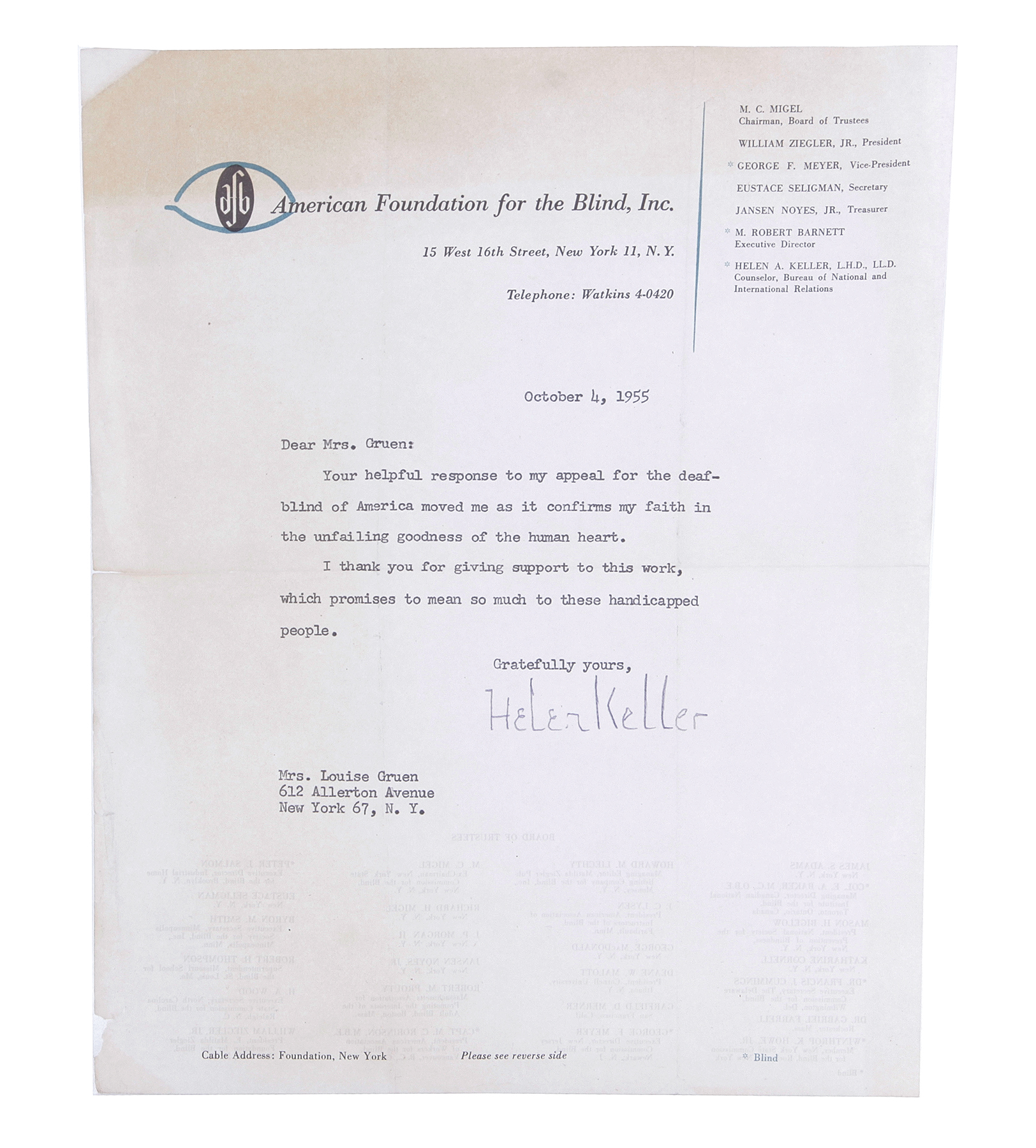 Helen Keller typed letter, signedProvenance: New York collectionPlease check our website for updated