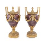 Pair French bronze-mounted rouge griotte marble urns, stamped (2pcs)