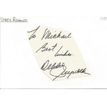 Debbie Reynolds irregularly shaped autograph to Mike fixed to 6 x 4 white card. Good Condition.