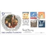 Sir David Hannay GCMG signed 50th anniv of the United Nations BLCS105b official FDC. Good Condition.
