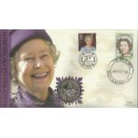 HM Queen Elizabeth II 75th birthday coin FDC PNC. Coin inset. Double postmarked 21/4/01 Buckingham