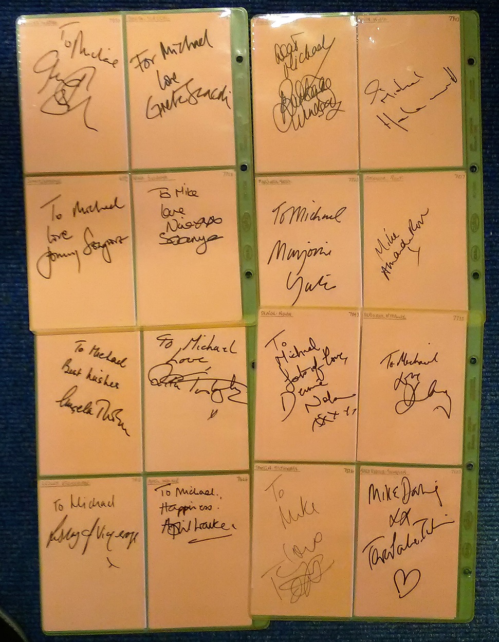 TV/Film signed 6x4 pink index card collection. 80+ cards. Dedicated to Mike or Michael. Some of