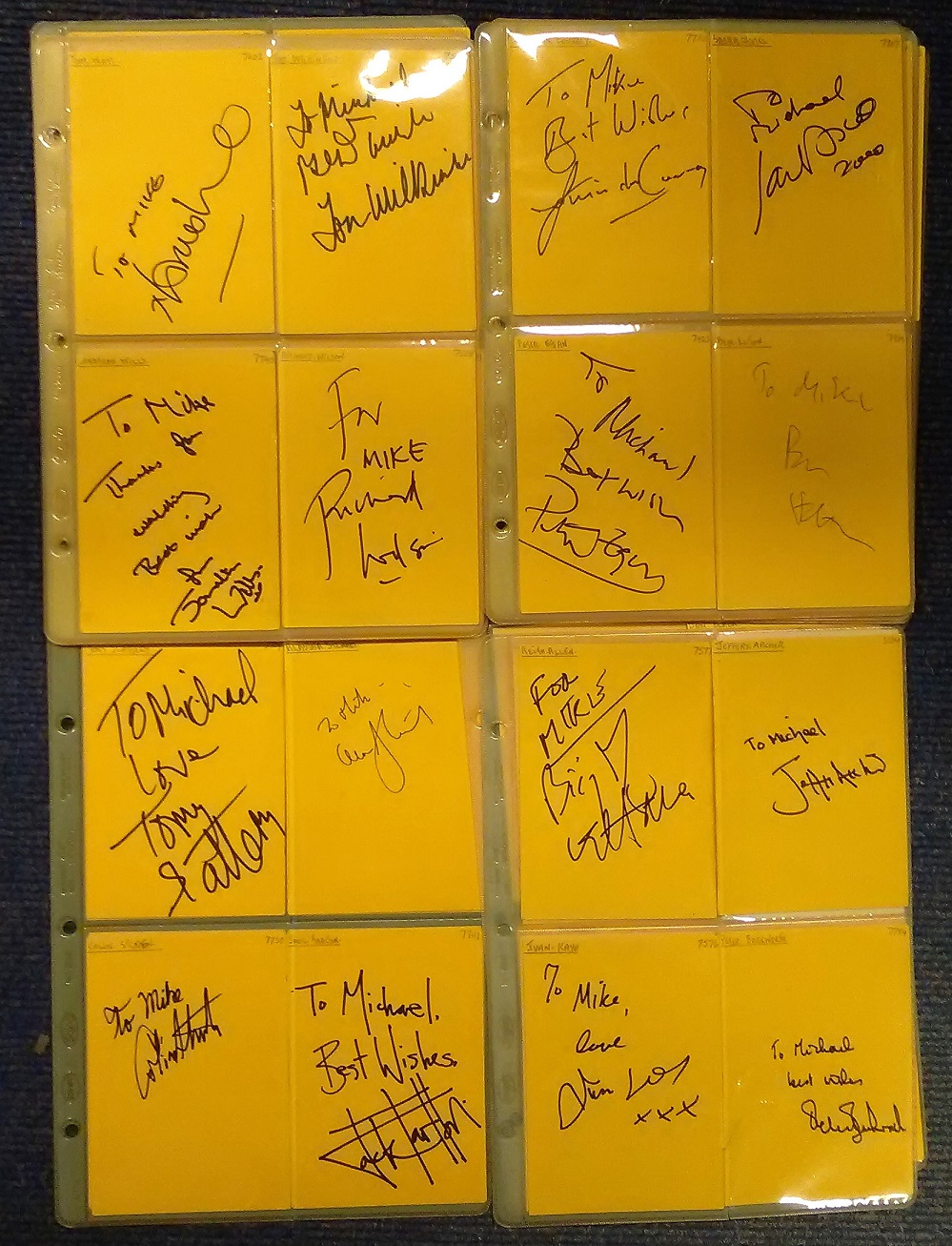 TV/Film signed 6x4 yellow index card collection. 90 cards. Dedicated to Mike or Michael. Some of