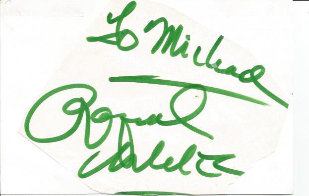 Raquel Welsh irregularly shaped autograph to Mike fixed to 6 x 4 white card. Good Condition. All