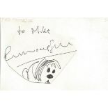 Eric Thompson with Dougal doodle irregularly shaped autograph to Mike fixed to 6 x 4 white card.