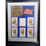 1966 World Cup Team Display. Bobby Moore autograph with World Cup Willie cards signed by the rest of