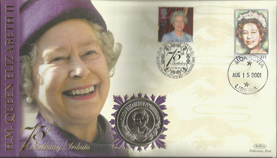 HM Queen Elizabeth II 75th birthday coin FDC PNC. Coin inset. Double postmarked 21/4/01 Buckingham