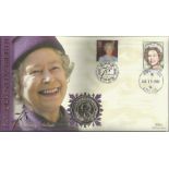 HM Queen Elizabeth II 75th birthday coin FDC PNC. Coin inset. Double postmarked 21/4/01 Buckingham