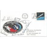 STS-31 Space Shuttle Astronauts complete crew hand signed 1990 Kennedy Space Center launch cover.