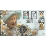 Queen Mother Benham 2002 Official coin FDC PNC. C0/101 full set stamps with Isle of Man QM 1 crown