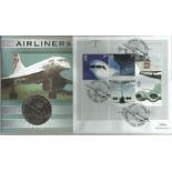 Airliners Benham official 2002 coin FDC PNC. C02/100 Concorde illustration Isle of Man Concorde