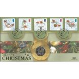 Christmas Robins 2001 Benham official coin FDC PNC. C01/94 full set of stamps with 50p Christmas