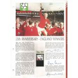 Bobby Moore, Geoff Hurst, Martin Peters signed A4 colour 1966 World Cup Football Masterfile page