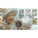 Queen Mother Benham 2002 Official coin FDC PNC. C0/101 full set stamps with Gibraltar QM 1 crown