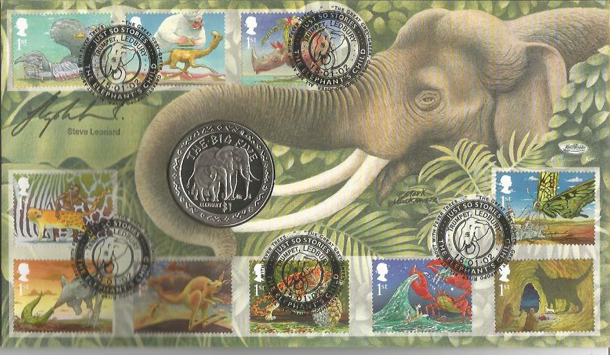 Steve Leonard signed Just So Stories 2002 Benham official coin FDC PNC. C02/95 full set of stamps