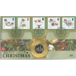 Christmas Robins 2001 Benham official coin FDC PNC. C01/94 full set of stamps with 50p Christmas