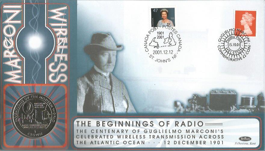 Marconi Wireless Benham official 2001 coin FDC PNC. C01/93. GB & Canada stamp and postmark with 1