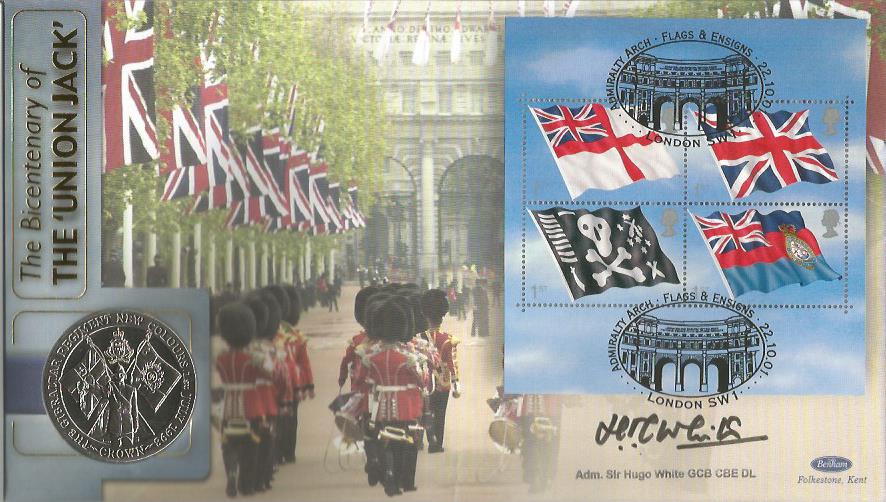 Admiral Sir H White signed Flags and Ensigns Union Jack Benham 2001 official coin FDC PNC. C01/92