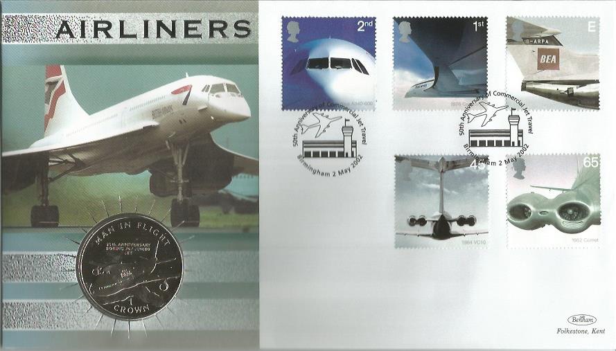 Airliners Benham official 2002 coin FDC PNC. C02/100 Concorde illustration Isle of Man Boeing 747