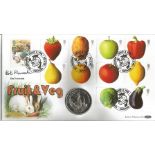 Bob Flowerdew signed Fruit and Veg coin Benham official FDC PNC. 1 crown Gibraltar coin inset. 25/