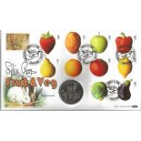 Sophie Grigson signed Fruit and Veg coin Benham official FDC PNC. 1 crown Gibraltar coin inset. 25/