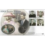 HRH Prince William of Wales coin Benham official FDC PNC. 1 £5 coin inset. 17/6/03 Caernarfon