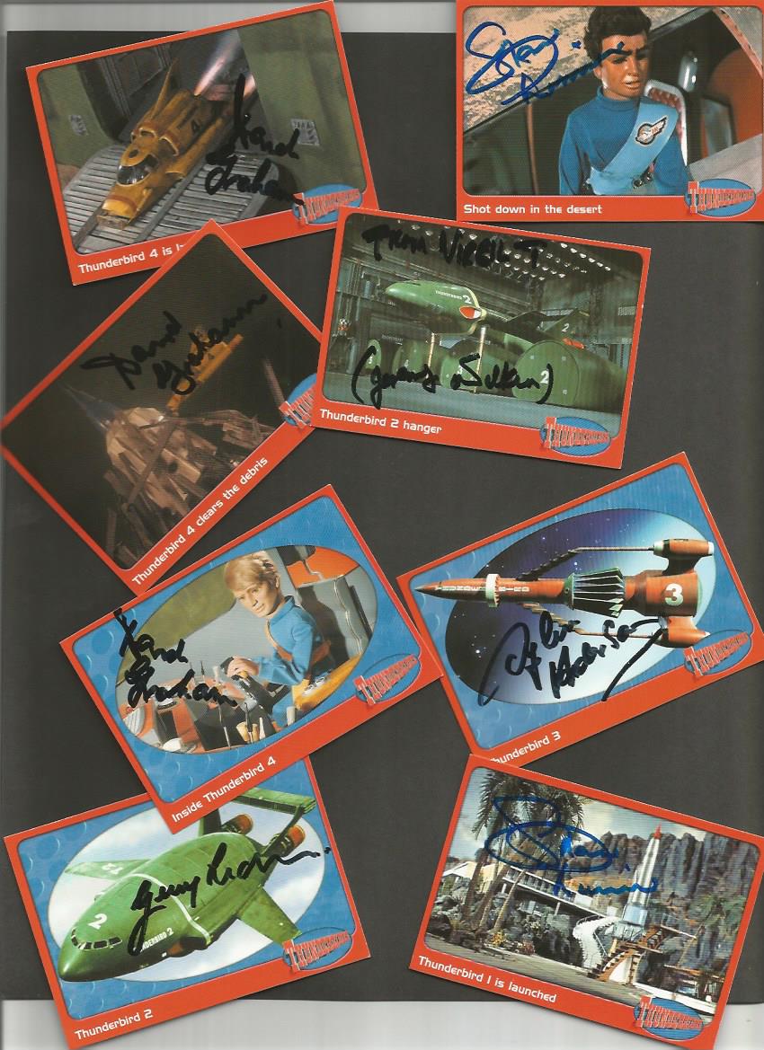 Thunderbirds 4x3 Trading Cards Collection 20 cards signed by Jerry and Sylvia Anderson. Cards