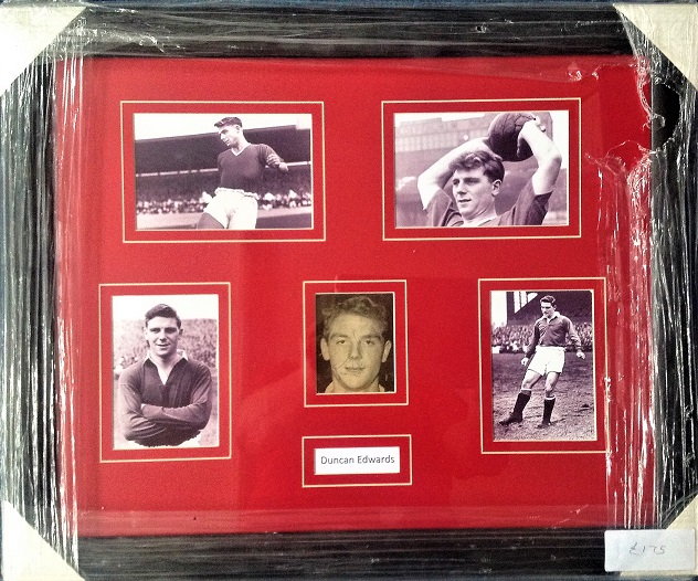 Duncan Edwards 23x19 framed signature piece five b/w photos one signed by one of the most gifted