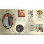 Royal Golden wedding signed FDC PNC. 1 Isle of Man crown coin inset. Signed Dame Henrietta Abel