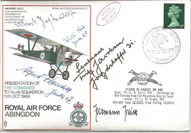 Luftwaffe aces Fleischer, Heise, Jacobsen, Stor, Baudissin signed Hans Rossbach cover RAF Abingdon