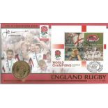 J.P.R. Williams signed England Rugby World Champions coin FDC PNC. 1 £5 coin inset. 19/12/2003