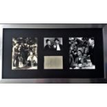 Laurel and Hardy signature piece framed and mounted with 3 vintage photos. Approx. overall framed