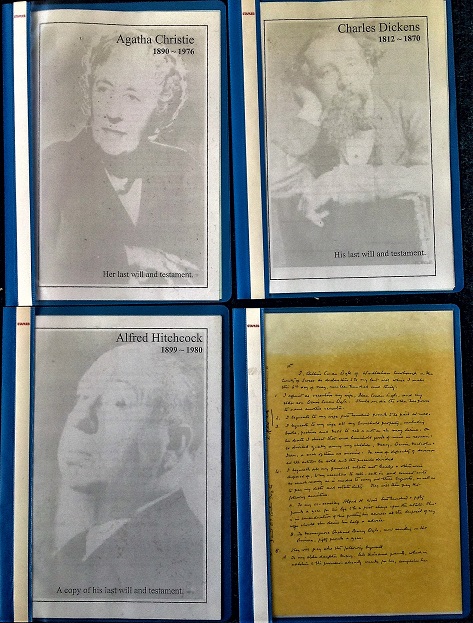 Collection of 4 will copies for Sir Arthur Conan Doyle, Alfred Hitchcock, Charles Dickens and Agatha