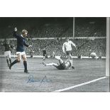 Signed 12 X 8 Football Photo Denis Law, Superb Image Depicting Law Scoring For Scotland In A