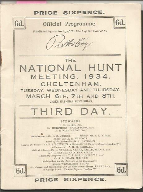 1934 March Cheltenham The National Hunt meeting third Day Horse Racing race card programme. UNSIGNED