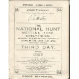 1932 March Cheltenham The National Hunt meeting third Day Horse Racing race card programme. UNSIGNED