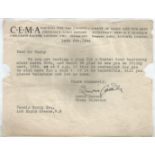 Lewis Casson signed 1944 typed note on CEMA note regarding casting of play. British actor and